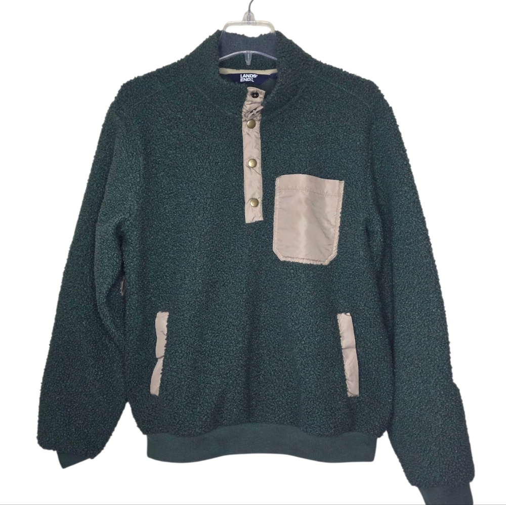Land's End Boucle Pullover Sherpa Has Elbow Patches Size Medium